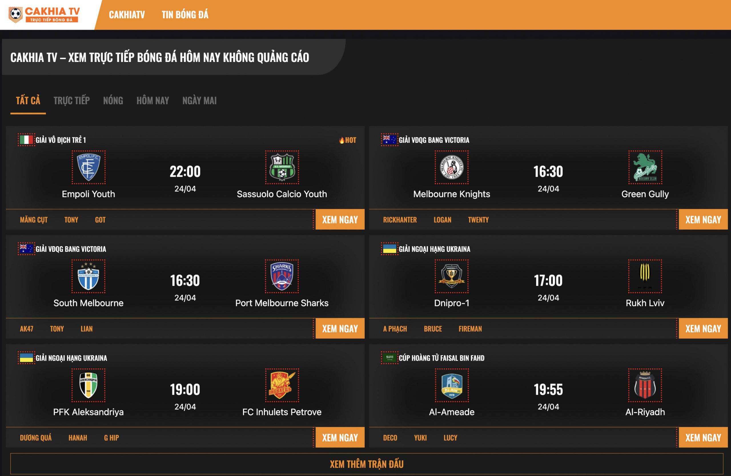 Giao diện trang live Cakhia TV